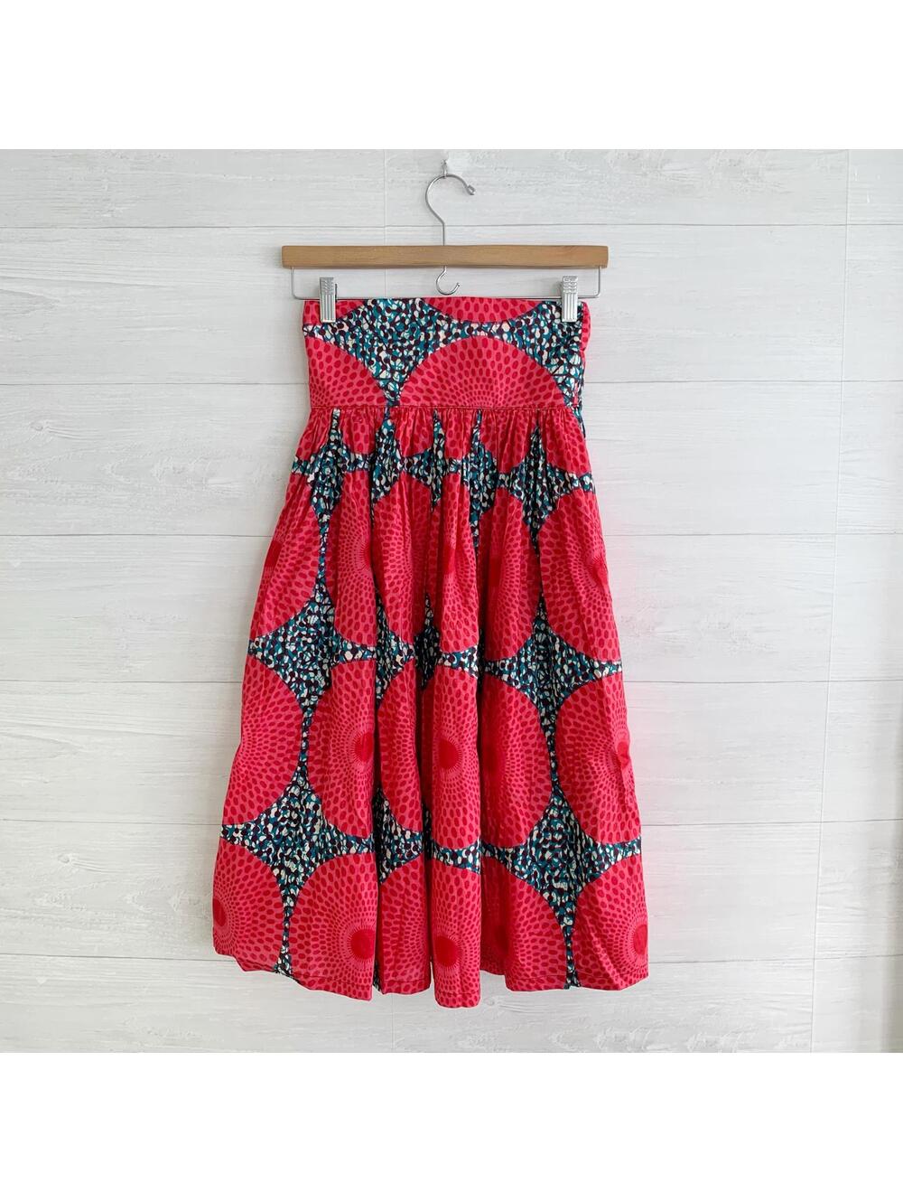 Grass Fields Pink Teal African Print Cotton Pleated Midi Skirt S Pockets